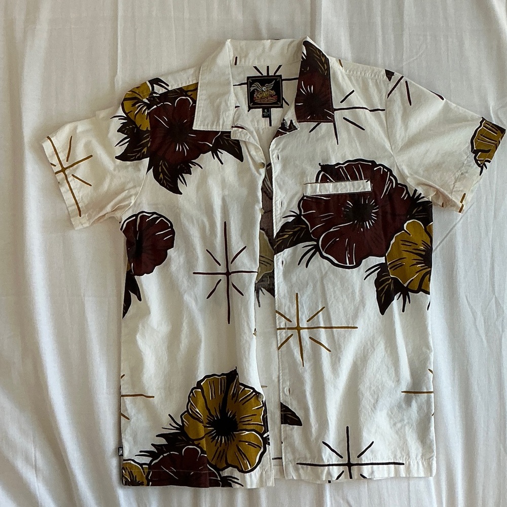 Men's Casual Floral Shirt - Cream and Brown